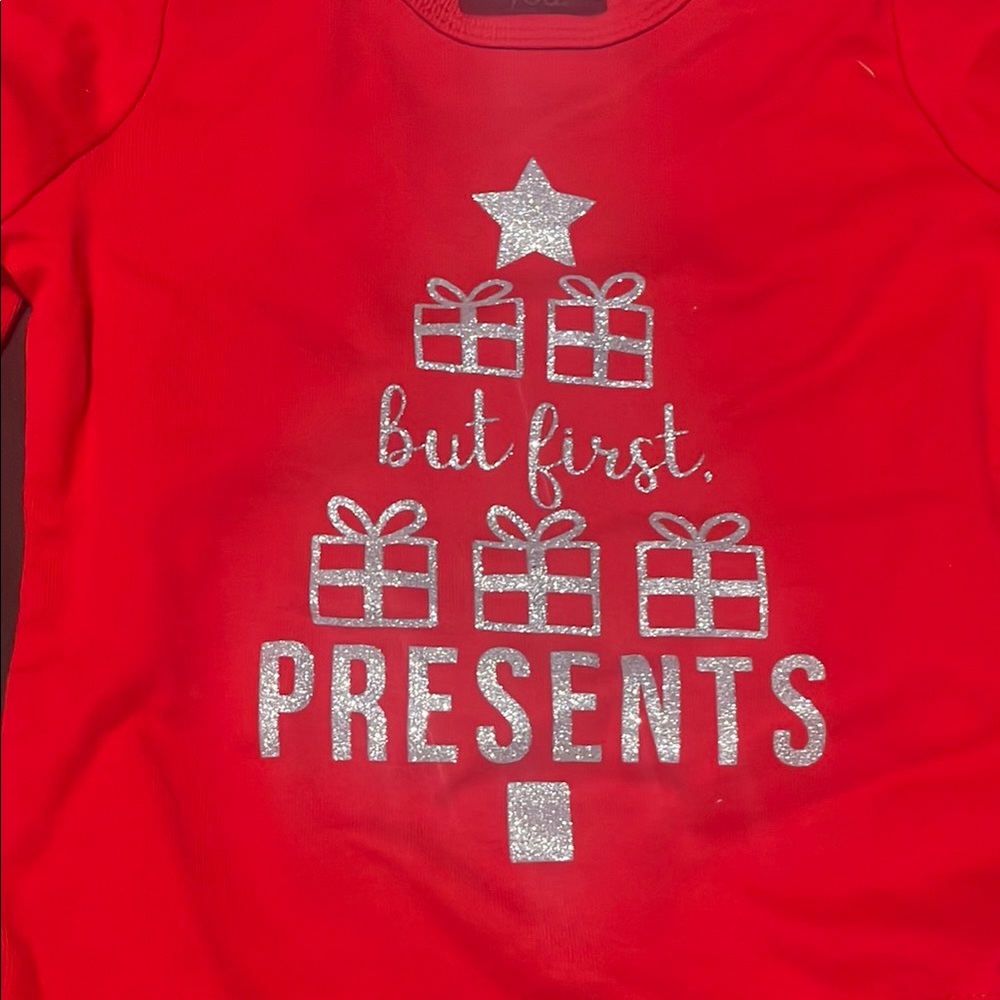 Festive Red Long Sleeve Tee with Silver Christmas Design